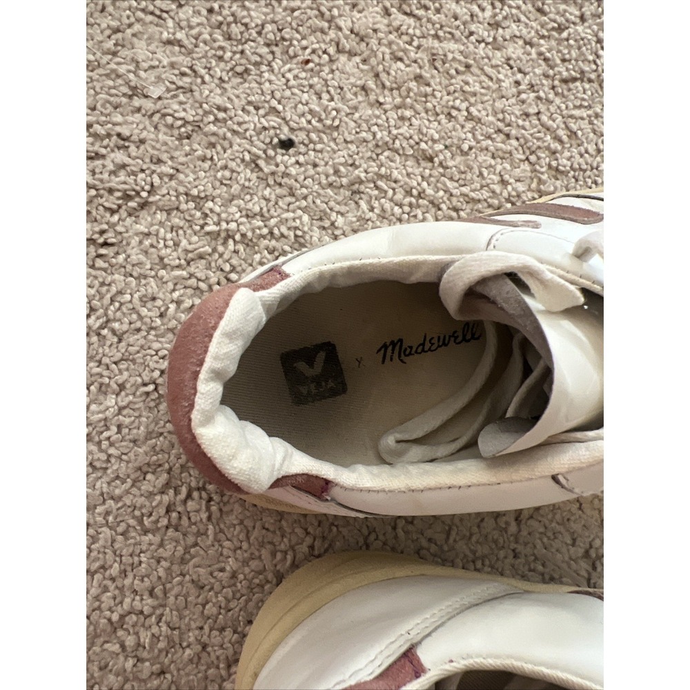 Madewell x Veja Leather V-10‎ Lace-Up Sneakers in White with Pink Size 7 EU 38 - Picture 6 of 8